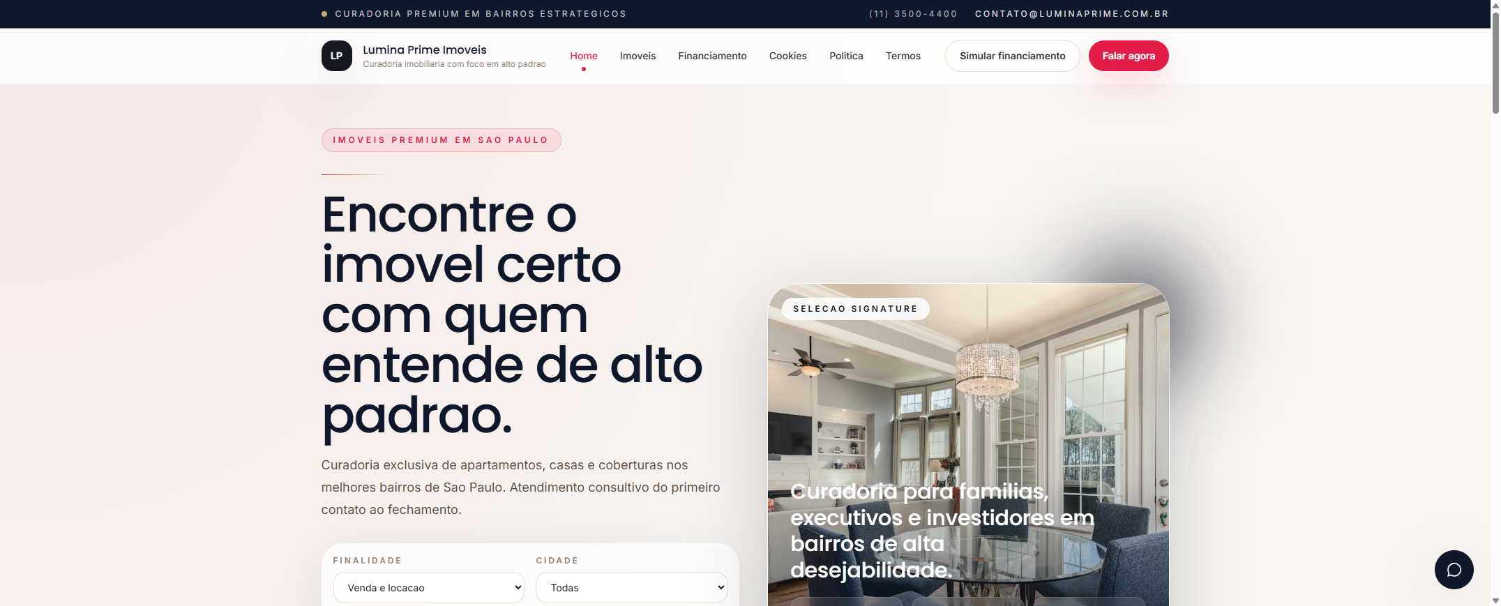 Página inicial do site Lumina Prime Imóveis criado pela Facilita Pages
