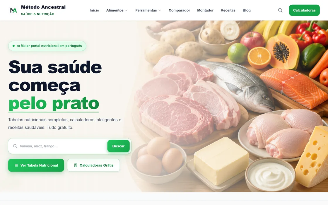 Método Ancestral: portal nutricional com tabelas de alimentos, calculadoras de saúde e receitas.