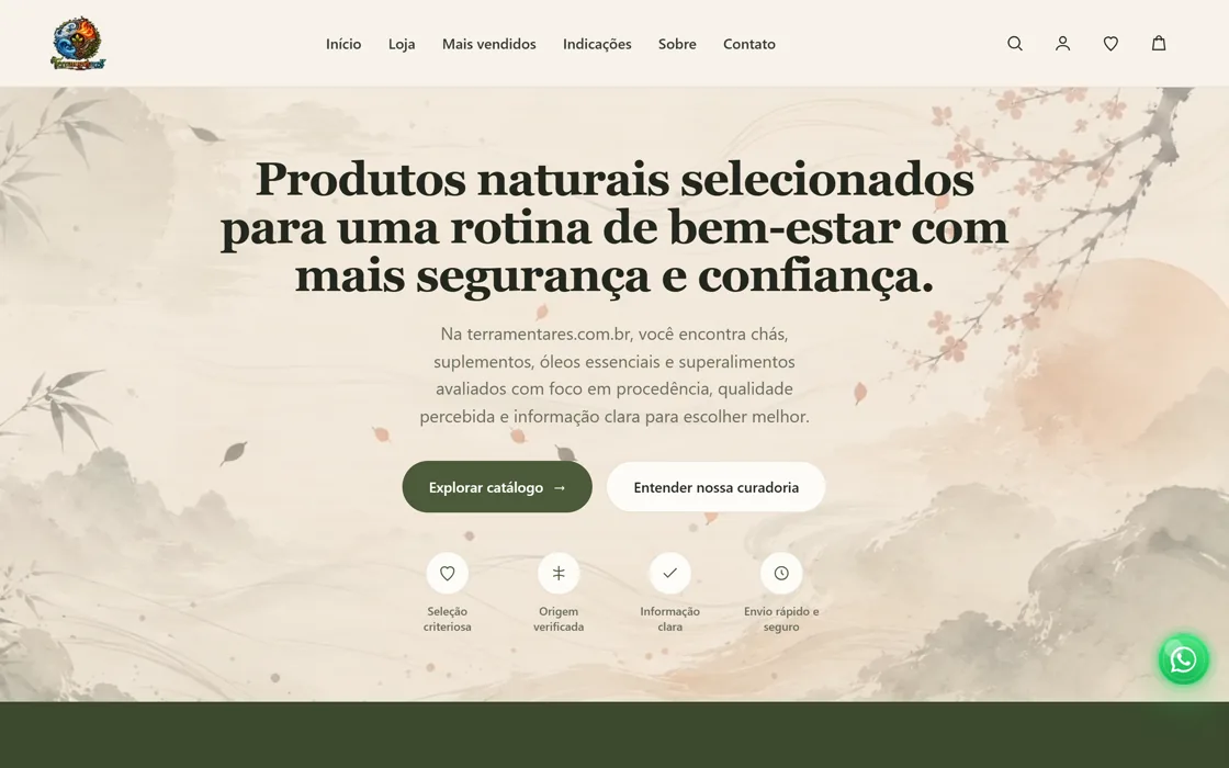 Loja virtual Terra Mentares: e-commerce de produtos naturais, chás, óleos essenciais e suplementos.