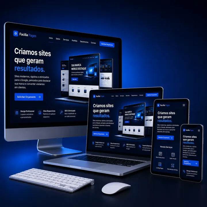 Um site responsivo exibido ao mesmo tempo em desktop, notebook, tablet e celular, adaptado a cada tela.